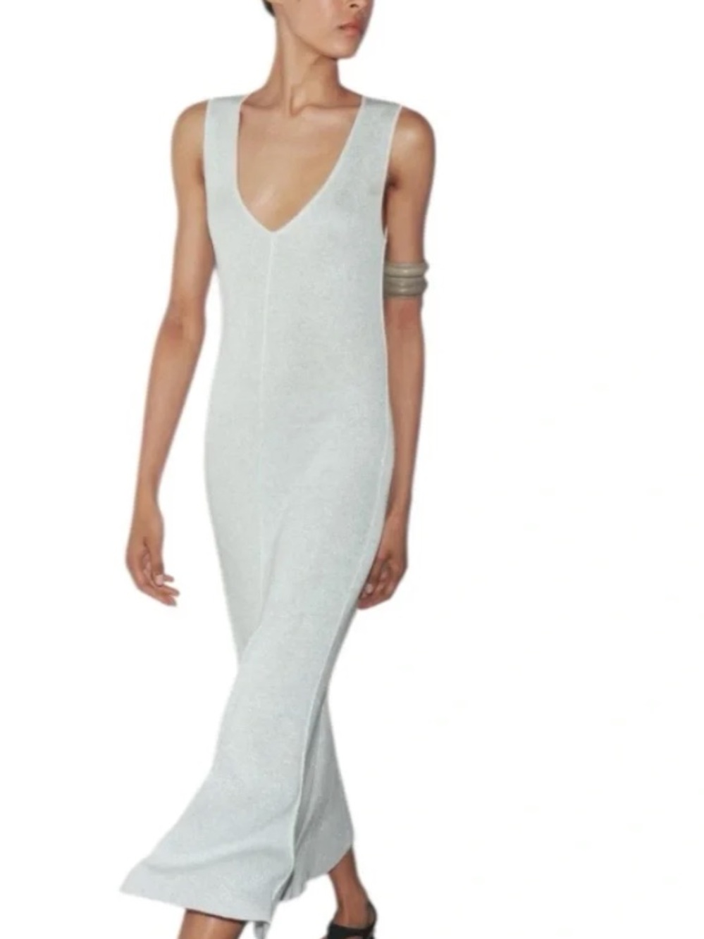Zara Sleeveless V-Neck Maxi Dress in metallic silver size medium